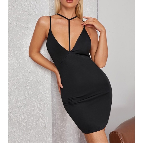 MBM Unlimited Dresses & Skirts - Black Plunge Strappy Neckline Bodycon Sexy Dress